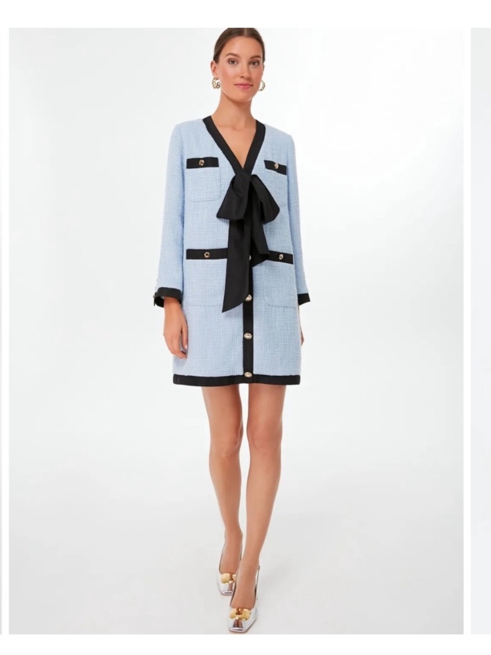 Pomander Place Tuckernuck Light Blue Coco Tweed Bow Dress black satin bow L
